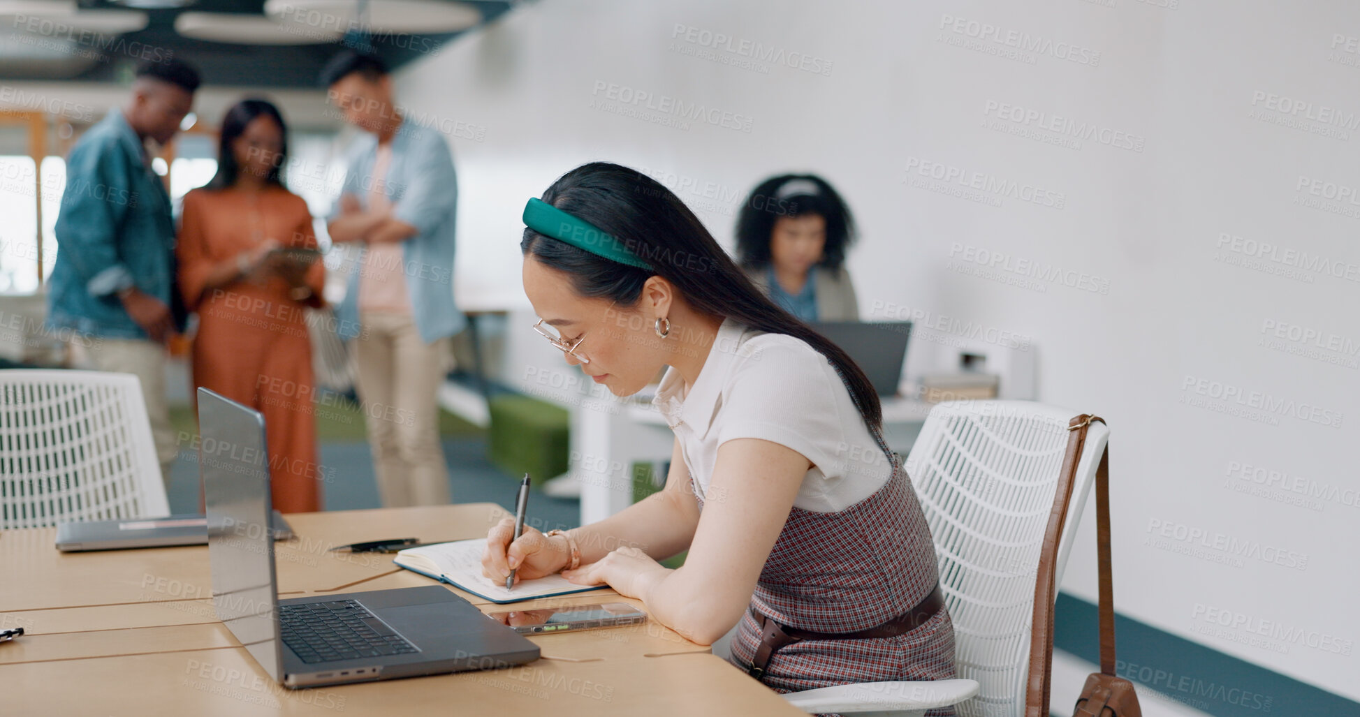 Buy stock photo Writing, notebook and Asian woman on laptop in office for digital marketing, agenda notes and online schedule. Creative agency, advertising and worker on computer for planning, business and ideas