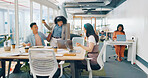 Corporate black woman, dancing and headphones in startup office, smile and coffee on lunch. Woman, dance and happy in workplace with music, streaming and coffee cup for happiness, freedom and relax