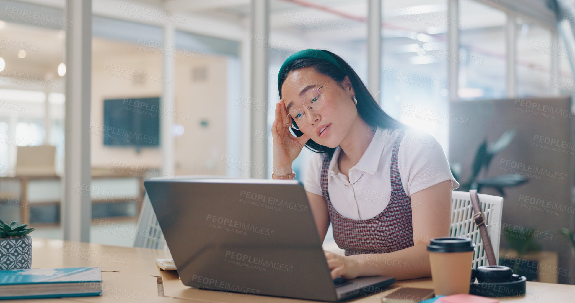 Buy stock photo Burnout, headache and laptop, stress and business woman with problem, fail or mistake in office. Doubt, anxiety and female designer confused by glitch, 404 or tax, audit and bad review or feedback