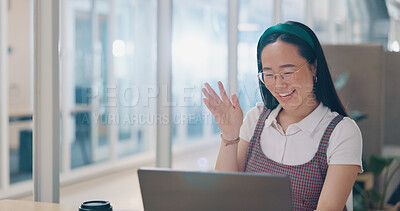 Asian executive, woman and video call with wave, smile and communication with laptop app, internet or web. Corporate leader, digital contact and video conference on computer for business consulting