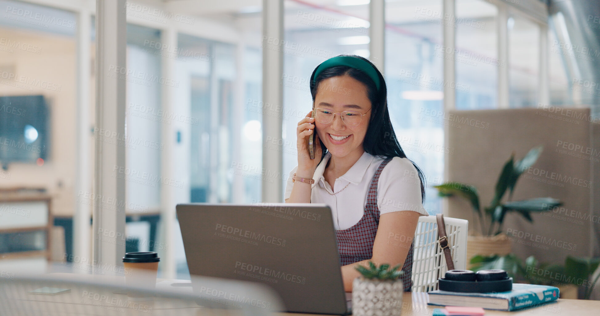 Buy stock photo Business, phone call and Asian woman with a laptop, conversation and planning with internet, connection and smile. Japanese person, entrepreneur and editor with a smartphone, pc and communication