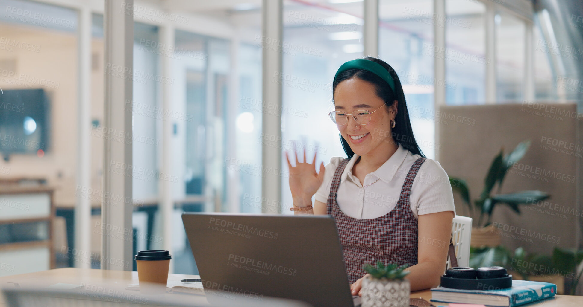 Buy stock photo Asian business woman, video call and laptop of voip communication, online meeting or presentation in creative agency. Happy employee wave hello at computer in global workshop, virtual webinar or talk