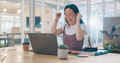 Asian woman, laptop and celebration fist for company success, creativity goals and happiness in office. Digital marketing achievement, happy or excited employee celebrate for corporate target winner Asian woman, laptop and celebration fist for company suc