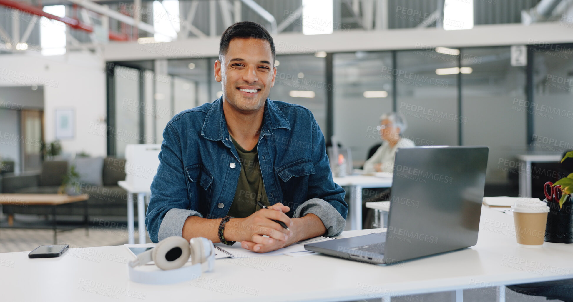 Buy stock photo Portrait of happy man in office, pride and laptop for market research, email or online review at internet startup. Businessman with computer, website and confidence at desk with smile at tech agency.
