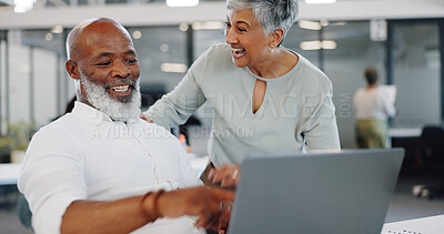 Success, celebration and black man on laptop with employee celebrating goals, target or achievement. Winner, victory and mature business people on computer celebrate winning on stock market in office