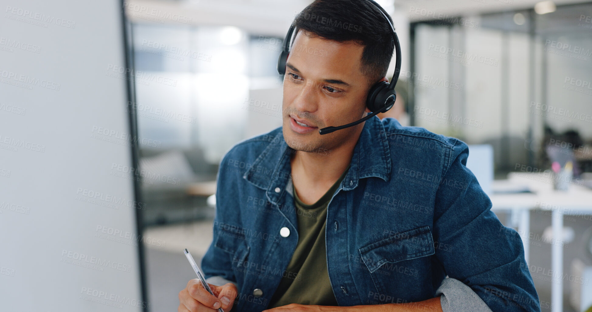 Buy stock photo Man, call center and consulting in customer service, support or telemarketing at office. Male person, consultant or agent with headphones, writing or talking in online advice, help or contact us