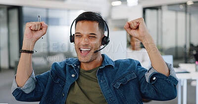 Businessman, call center and sale celebration in telemarketing, financial broker or consultant at office. Happy employee agent in applause for deal success, investment or customer service on compute