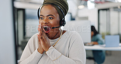 Buy stock photo Excited black woman, call center and celebration in customer service, support or sale promotion at office. Shocked African female person or consultant agent smile in telemarketing, success or winning