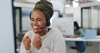 Buy stock photo Call center, celebration and woman on computer business sales, telemarketing success and target or survey results of african worker. Office, telecom and winner employee in website support excellence