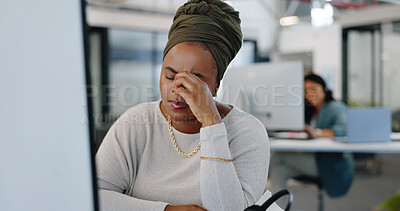 Buy stock photo Black woman, headache and stress in burnout, depression or anxiety and mental health at office. Frustrated or tired African female person in financial crisis debt, bankruptcy or mistake at workplace