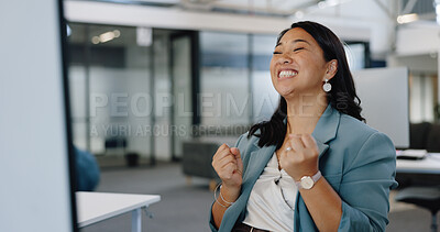 Buy stock photo Happy business woman, fist pump and celebration in winning, success or promotion at office. Excited female person or employee smile in achievement, victory or good news on computer at workplace