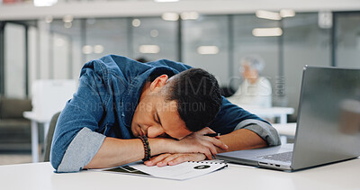 Businessman, yawning or desk sleeping in modern office, digital marketing startup or advertising branding company. Tired, fatigue or exhausted creative designer and laptop technology or bored burnout