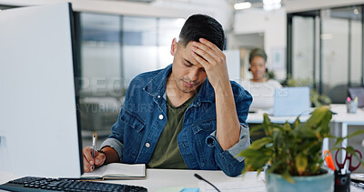 Buy stock photo Tired man, headache and stress in mistake, burnout or depression in mental breakdown at office. Frustrated or exhausted male person or employee in financial crisis, debt or bankruptcy at workplace
