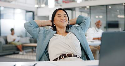 Relax, success and woman reading an email, communication peace and happy after proposal on a laptop. Smile, complete and employee in business relaxing after finishing a project on a computer