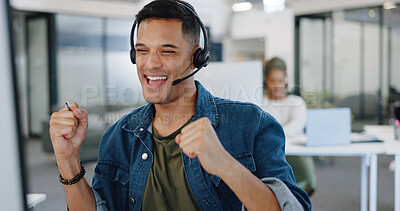 Businessman, call center and sale celebration in telemarketing, financial broker or consultant at office. Happy employee agent in applause for deal success, investment or customer service on computer