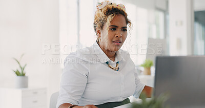 Confused, error and business woman on laptop in office with information technology, 404 and problem of software or website. Doubt, angry or frustrated worker at her desk on computer mistakes or fail