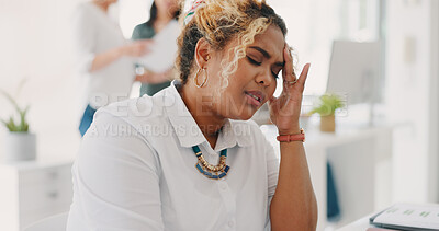 Buy stock photo Frustrated woman, face and headache in stress, burnout or anxiety from mistake or overworked at office. Female person or employee with migraine in depression, mental health or pressure at workplace