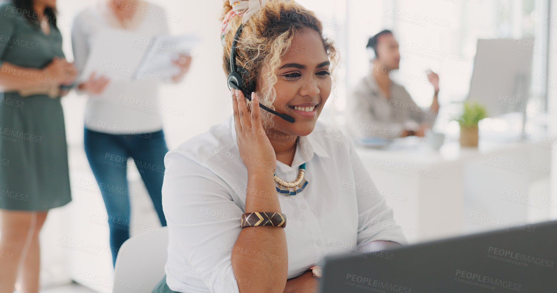 Buy stock photo Happy woman, call center and consultant in customer service, support or telemarketing at office. Friendly female person or agent smile and headphones in online advice, help or contact us at workplace