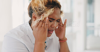 Buy stock photo Frustrated woman, face and headache in stress, mistake or anxiety from burnout or overworked at office. Female person or employee with migraine in depression, mental health or pressure at workplace