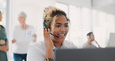 Woman, call center and contact us with phone call and CRM, communication with headset in customer service or telemarketing. Technology, connection and online, conversation and tech support business.