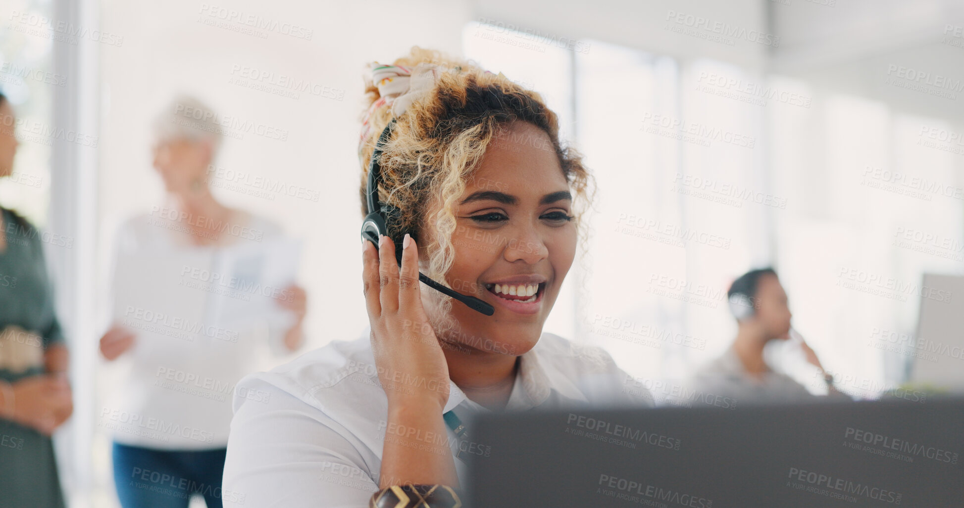 Buy stock photo Happy woman, call center and face in customer service, support or telemarketing at office. Friendly female person or consultant agent smile with headphones in online advice or contact us at workplace