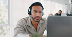 Telemarketing, tired and call center agent working on pc, online phone call and overworked crm contact us consultant. Asian man, stress headache and customer service consultation fatigue or burnout