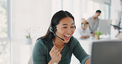 Happy, winner and success of woman at call center with good feedback on telemarketing sale. Smile, celebration and victory fist of asian girl at corporate telesales company with job win.