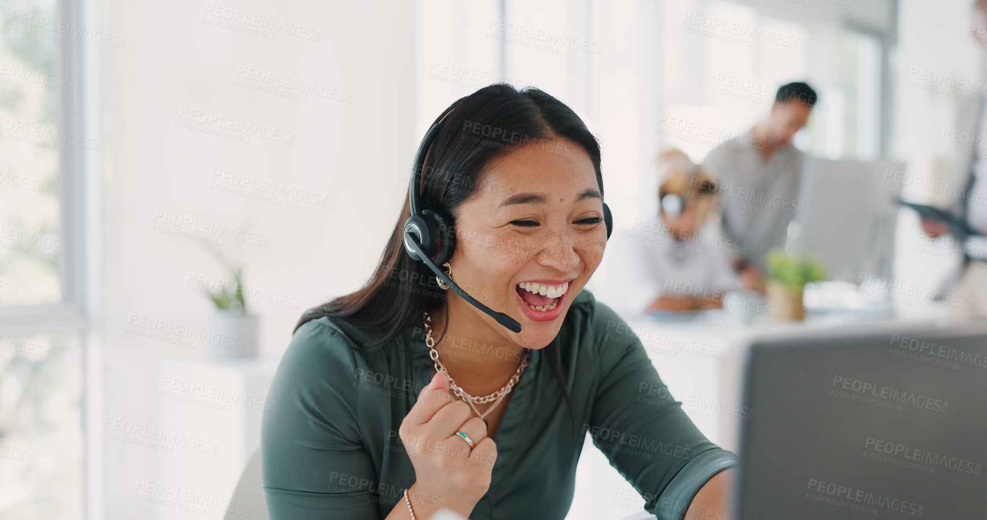 Buy stock photo Happy asian woman, call center and winning in celebration, success or sale promotion at office. Excited female person or consultant agent smile with fist pump in customer service or good news at work