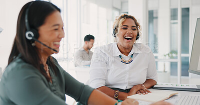 Business women success on call center computer or laptop in b2b sales, telemarketing winner or customer support help. Smile, happy or teamwork receptionists on technology crm consulting