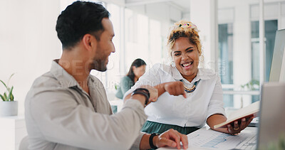 Buy stock photo Happy business people, fist bump and celebration in partnership, teamwork or promotion together at office. Man and woman or friends touching hands in winning, greeting or friendship at workplace