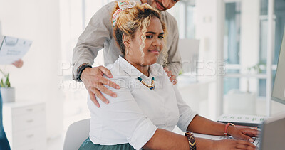 Buy stock photo Woman, frustrated and businessman at desk with sexual harassment, touch and hand on shoulder. Bullying, discrimination and abuse victim in office, justice and social fear for scared women in business