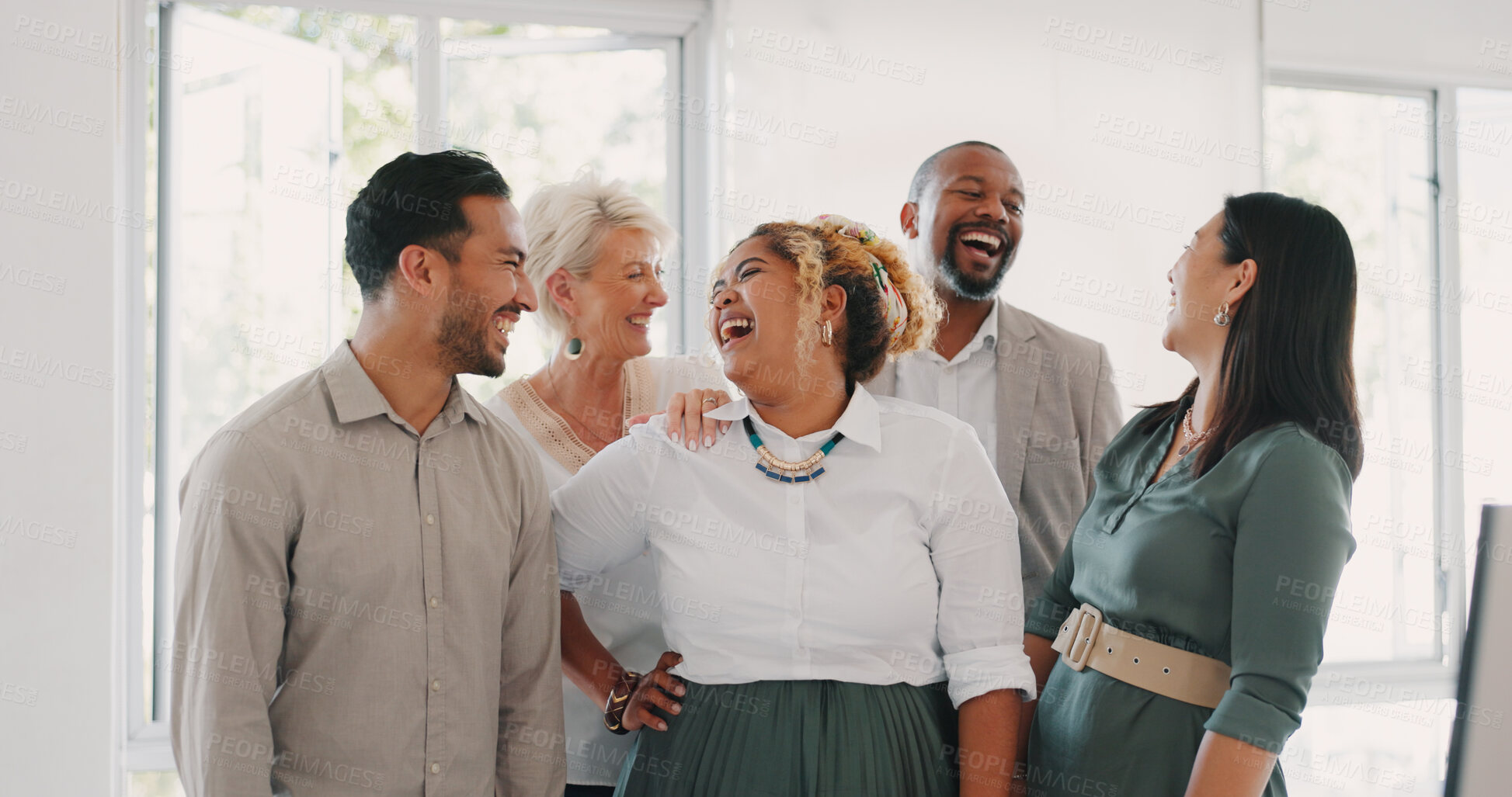 Buy stock photo Laugh, diversity and happy business people in office for collaboration, cooperation and team building in company. Group, smile and professional employees with pride, support or funny joke of teamwork