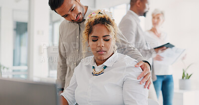 Buy stock photo Woman, man and sexual harassment in office, touch and hand on shoulder in personal space. Bullying, discrimination and abuse victim in workplace, justice and social fear for scared women in business.