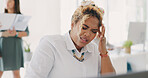 Woman, stress headache and frustrated at office desk for deadline anxiety, employee burnout and mental health depression. Black woman, sad and business frustration or tired corporate worker in pain