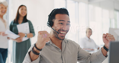 Applause, success and man celebrate at call center for target, bonus and sale with employees for congratulations on win. Contact us, CRM and telemarketing customer support men and women at computer