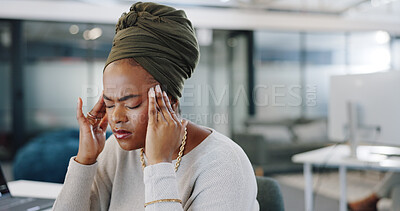 Buy stock photo Black woman, headache and stress in mistake, burnout or depression in mental breakdown at office. Frustrated or tired African female person in financial crisis, debt or bankruptcy at workplace