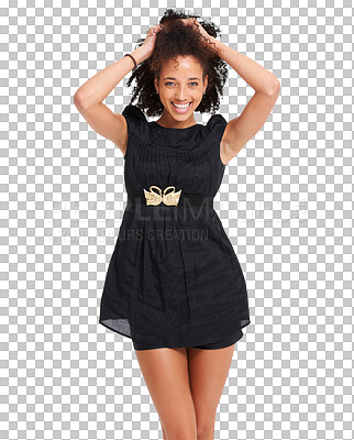Fashion, happy and portrait of a black woman in studio with casual, designer brand and chic clothes. Style, young and African model with a stylish, apparel and cute dress outfit by a isolated on a png background