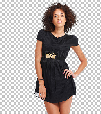 A Fashion, portrait and black woman with clothes and beauty, marketing with retail mockup. Designer brand, style and confident woman in black dress, motivation and stylish isolated on a png background