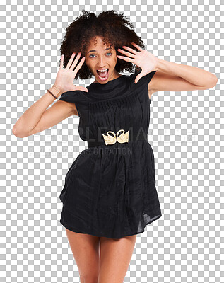 Surprised face portrait, black woman or afro and hands up in fashion party dress, trendy clothes or style clothing. Shocked, model or wow facial expression on studio isolated on a png background and mockup space
