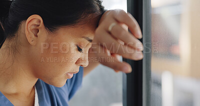 Buy stock photo Stress, woman or tired doctor at window with burnout, problem and mental health crisis in clinic. Thinking, fatigue and anxiety in hospital, sad medical nurse in doubt and fear for healthcare service