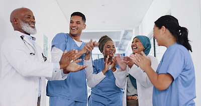 Buy stock photo Teamwork, medical and applause with doctors in hospital for success, collaboration and support. Healthcare, community and diversity with group of people for celebration, wellness and achievement