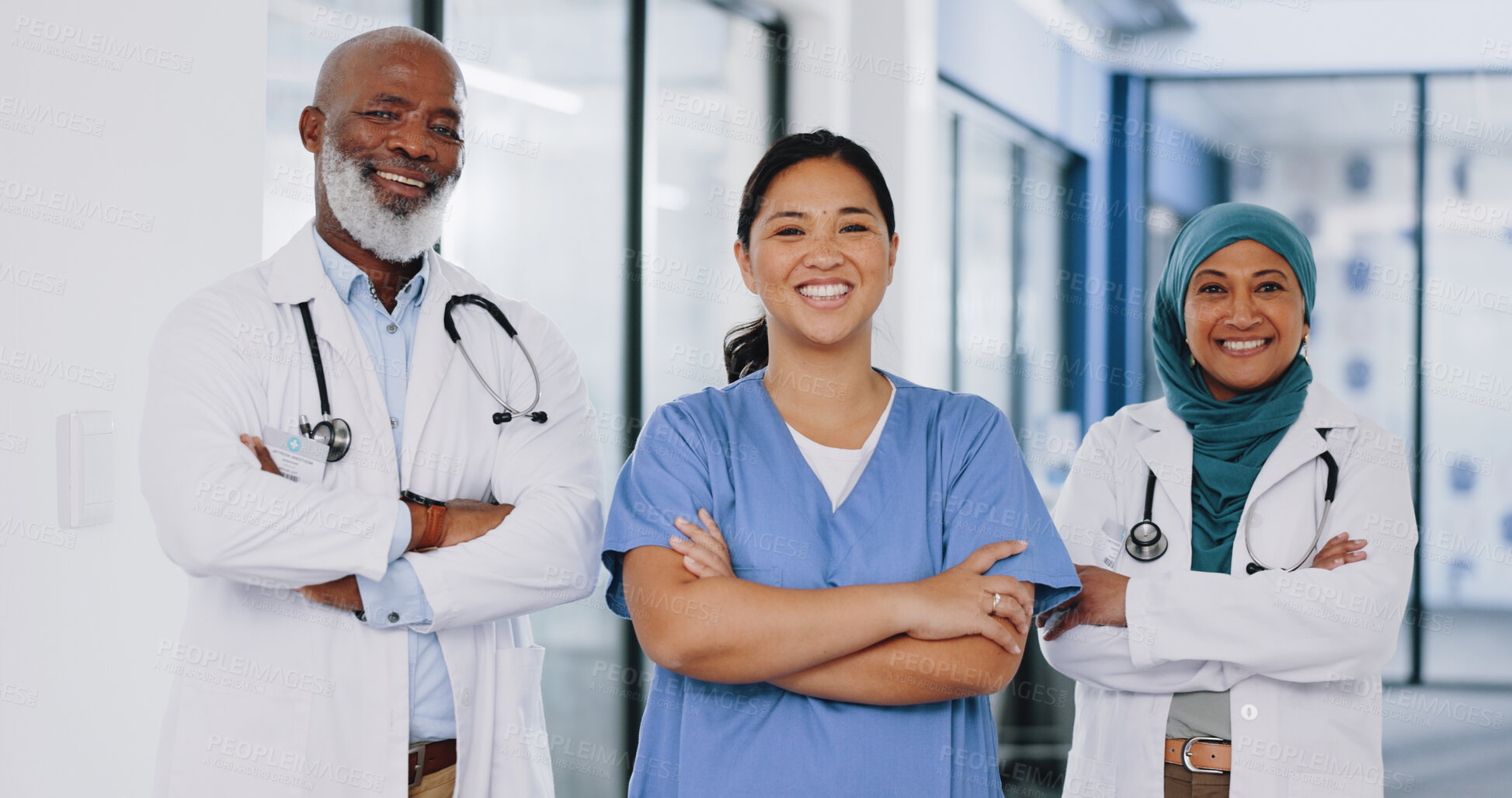 Buy stock photo Diversity, medical and portrait of doctors in hospital happy for surgery collaboration as a team working together. Teamwork, leadership and healthcare service professional group of workers in clinic