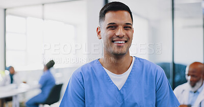 Buy stock photo Portrait, man and happy nurse in hospital, smiling and ready for healthcare. Face, medical professional and confident, proud and expert male doctor with pride, mission and wellness goals in clinic