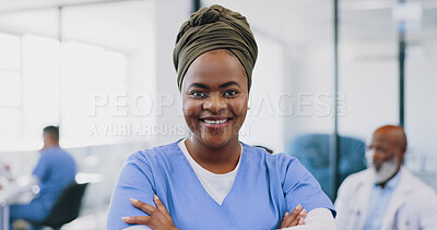 Buy stock photo Portrait, smile and black woman with arms crossed, doctor and confidence with career, employee and clinic. Face, African person and medical professional in a hospital, happy surgeon and physician