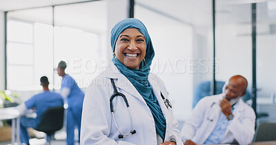 Buy stock photo Muslim doctor, woman and portrait with smile in hospital for healthcare, wellness and excited with hijab. Islamic medic, leader and happy for services, nursing or health with job at clinic in Dubai