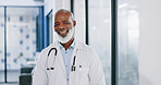 Healthcare, doctor and face of black man in hospital, health facility and clinic for trust, support and help. Insurance, medical care and portrait of senior medical worker with smile for consulting