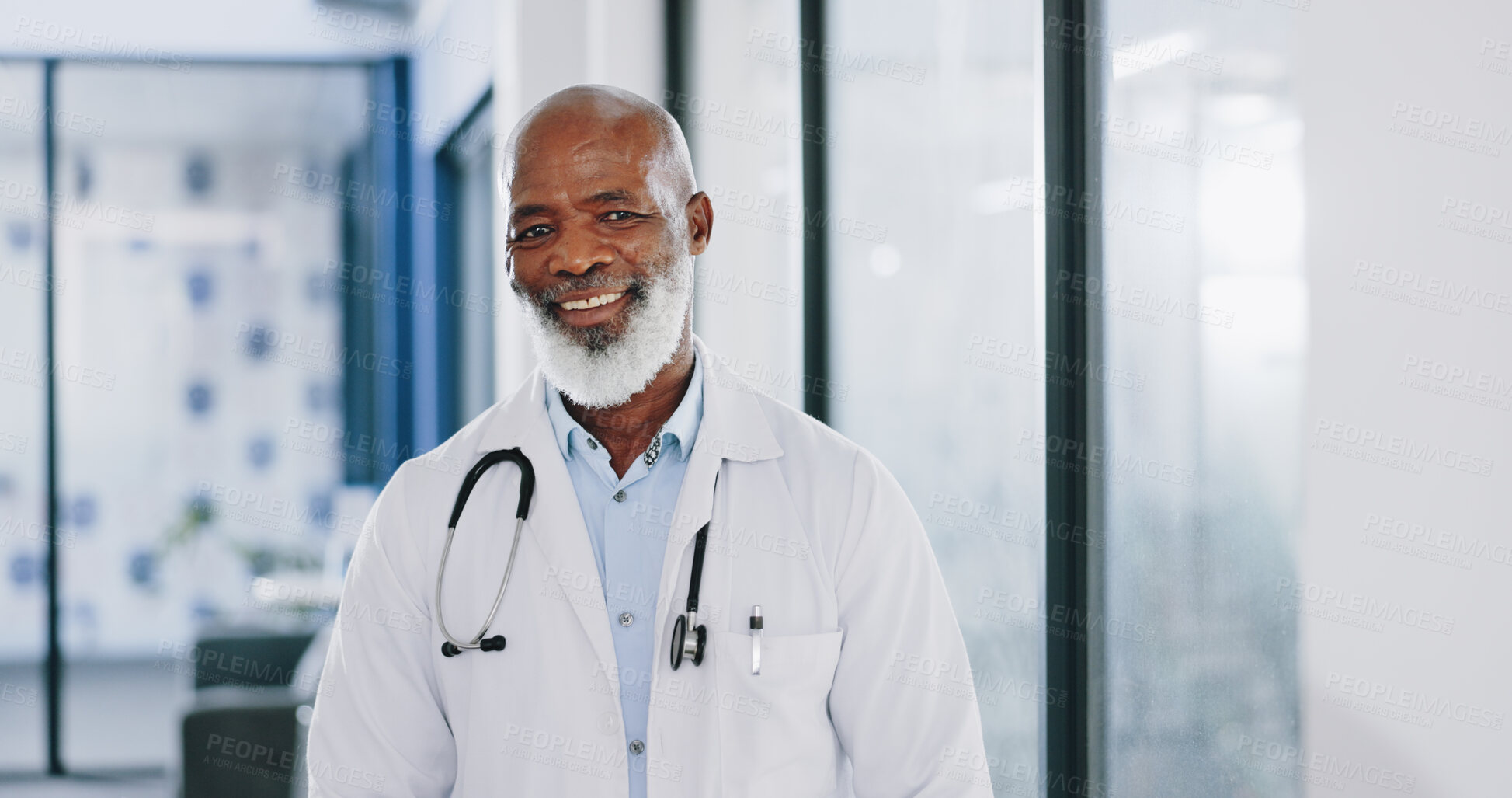 Buy stock photo Black man, portrait and doctor smile in hospital for healthcare services, surgery and help for consulting. Happy mature surgeon, expert therapist and medical professional working with trust in clinic