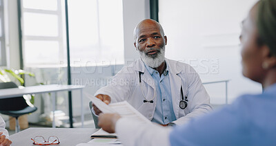 Buy stock photo Doctor, meeting and collaboration in healthcare with discussion of medicine, insurance or nurse with documents in hospital. Medical, staff and teamwork communication for paperwork, results or advice
