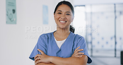 Buy stock photo Portrait, smile and Asian woman with arms crossed, doctor or surgeon with career, employee or clinic. Face, Japanese person or medical professional in a hospital, uniform or physician with healthcare