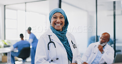 Face, Islamic woman and doctor with smile, hospital and confidence for surgery, consulting and smile. Muslim female, lady and medical professional for healthcare, consultant and surgeon in clinic.